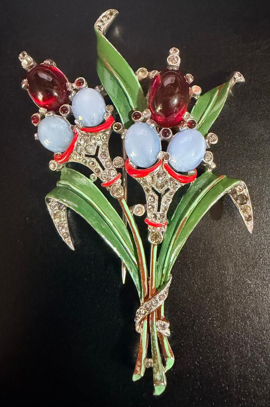 Alfred Philippe for Trifari Moonstone & Ruby Cabochon Clip Brooch Book Piece